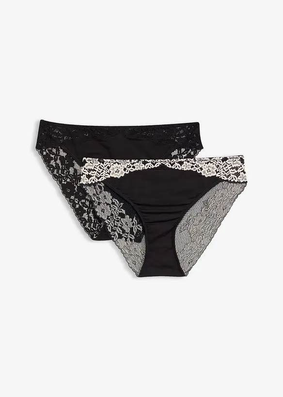 Slip aus zweifarbiger Spitze (2er Pack) in schwarz von vorne - bonprix