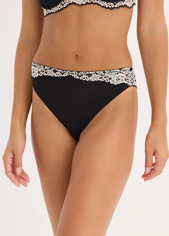Slip aus zweifarbiger Spitze (2er Pack) in schwarz von vorne - bonprix
