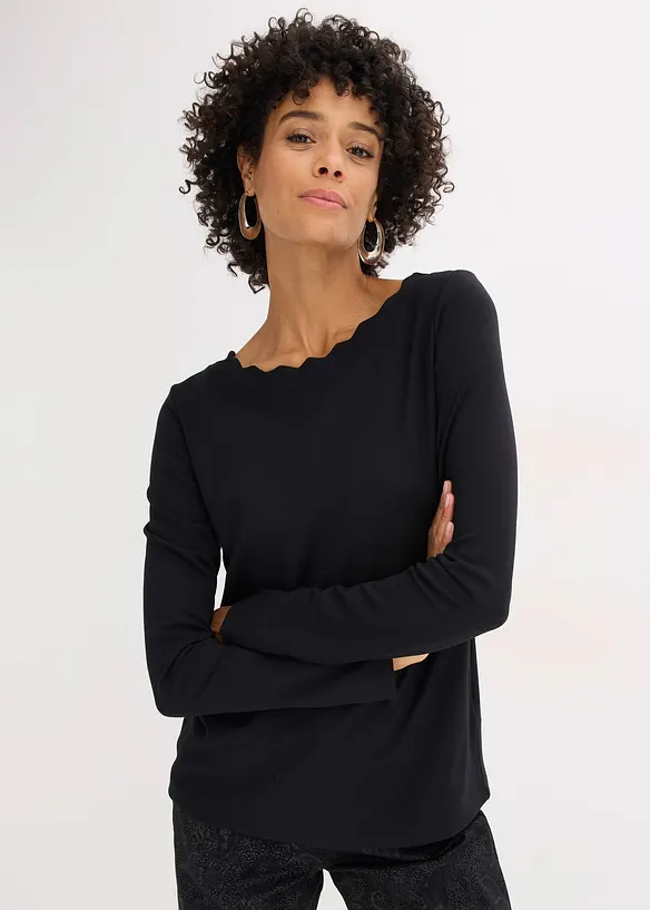 Wellenkanten Shirt aus Punto di Roma in schwarz von vorne (im Anschnitt) - bonprix