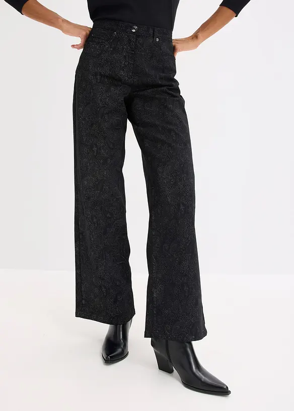 Wide Leg Hose aus Baumwollstretch in schwarz von vorne - bonprix