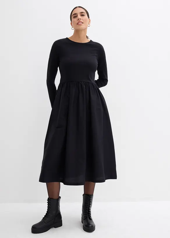Kleid im Materialmix aus reiner Baumwolle in schwarz von vorne (Totalaufnahme) - bonprix Kleid im Materialmix aus reiner Baumwolle in schwarz von vorne (Totalaufnahme) - bonprix