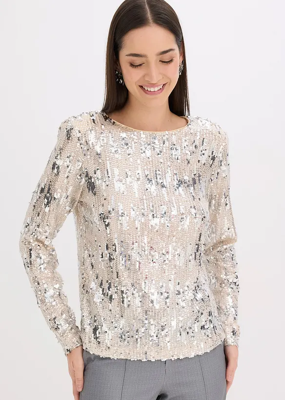 Pailletten-Langarmshirt in beige von vorne (im Anschnitt) - bonprix