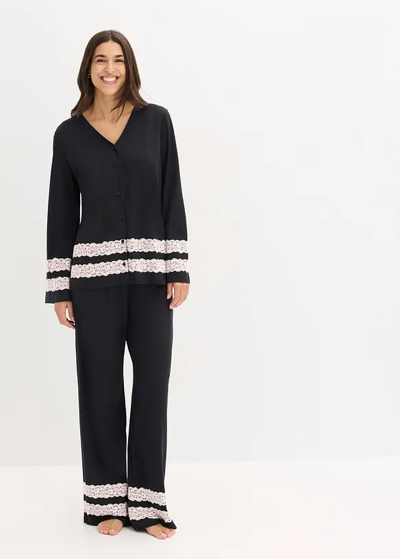 Pyjama aus softem Viskose-Mix in schwarz von vorne (Totalaufnahme) - bonprix