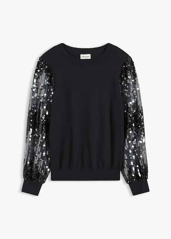 Feinstrickpullover mit Pailletten-Ärmeln in schwarz von vorne - bonprix