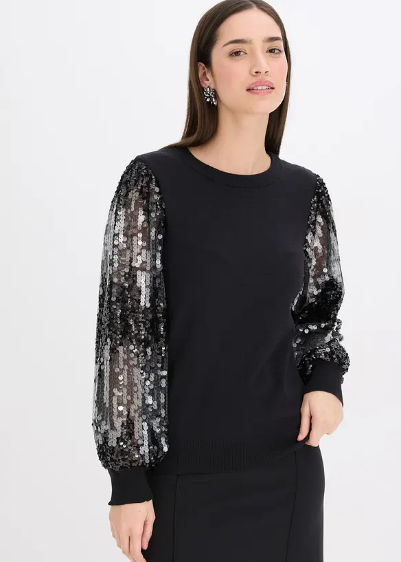 Feinstrickpullover mit Pailletten-Ärmeln in schwarz von vorne (im Anschnitt) - bonprix