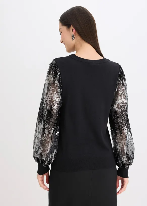 Feinstrickpullover mit Pailletten-Ärmeln in schwarz von hinten (im Anschnitt) - bonprix