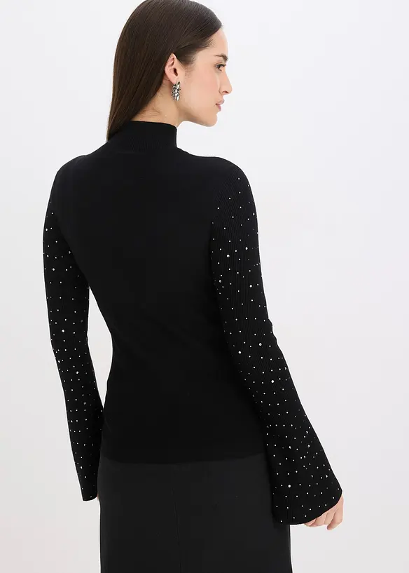 Feinstrickpullover mit verzierten Trompetenärmeln in schwarz von hinten (im Anschnitt) - bonprix