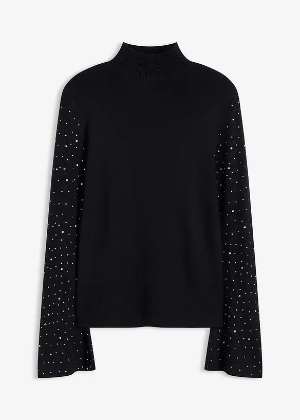 Feinstrickpullover mit verzierten Trompetenärmeln in schwarz von vorne - bonprix