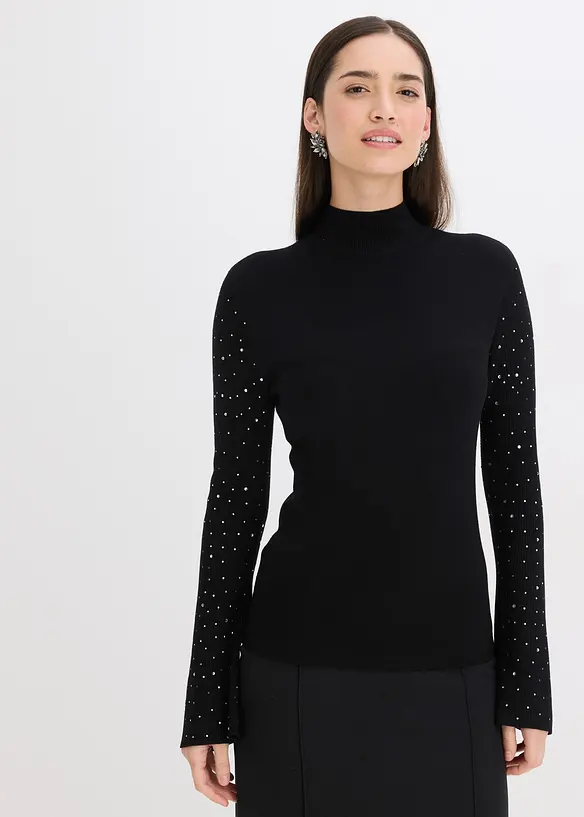 Feinstrickpullover mit verzierten Trompetenärmeln in schwarz von vorne (im Anschnitt) - bonprix