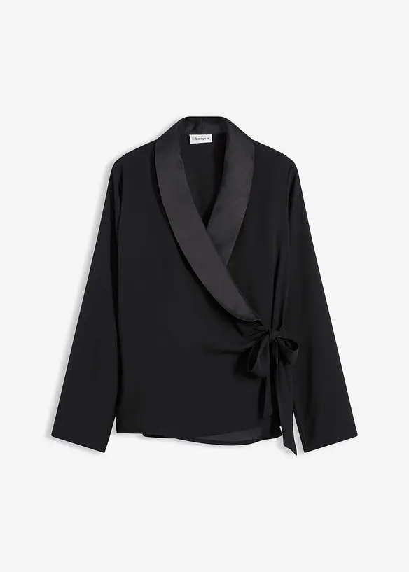Wickelbluse mit seitlicher Schleife in schwarz von vorne - bonprix Wickelbluse mit seitlicher Schleife in schwarz von vorne - bonprix