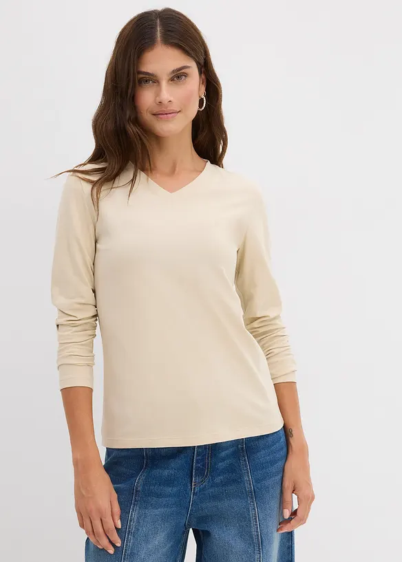 Figurbetontes Langarmshirt in beige von vorne (im Anschnitt) - bonprix Figurbetontes Langarmshirt in beige von vorne (im Anschnitt) - bonprix