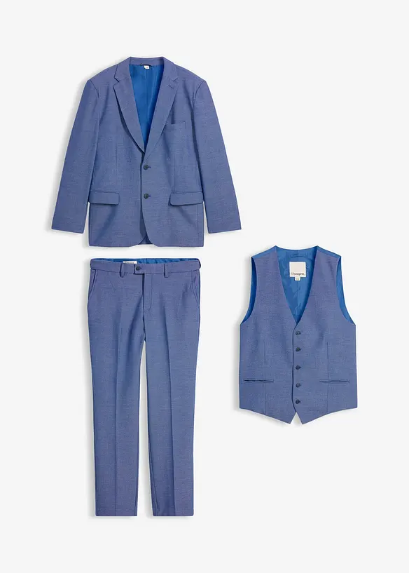 Anzug mit Weste in Regular Fit  (3-tlg.Set) in blau von vorne - bonprix