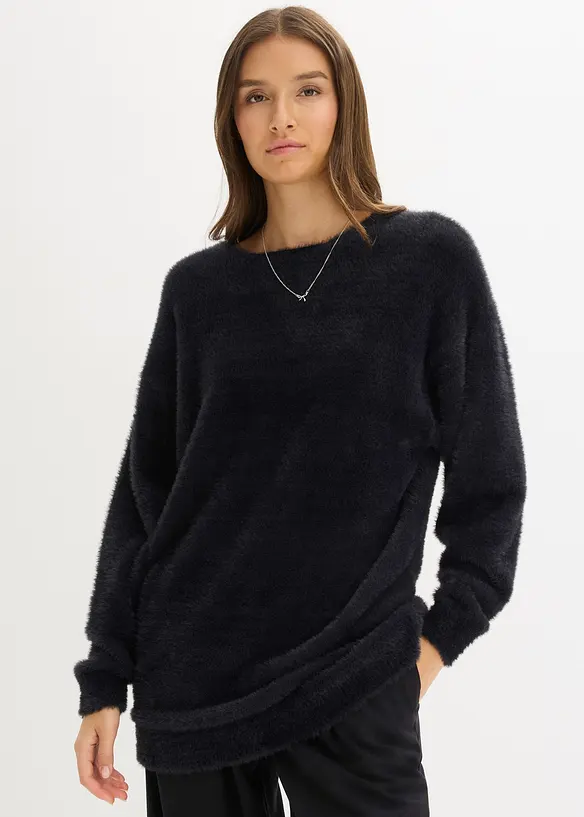 Longpullover aus weichem Federgarn in schwarz von hinten (im Anschnitt) - bonprix Longpullover aus weichem Federgarn in schwarz von hinten (im Anschnitt) - bonprix