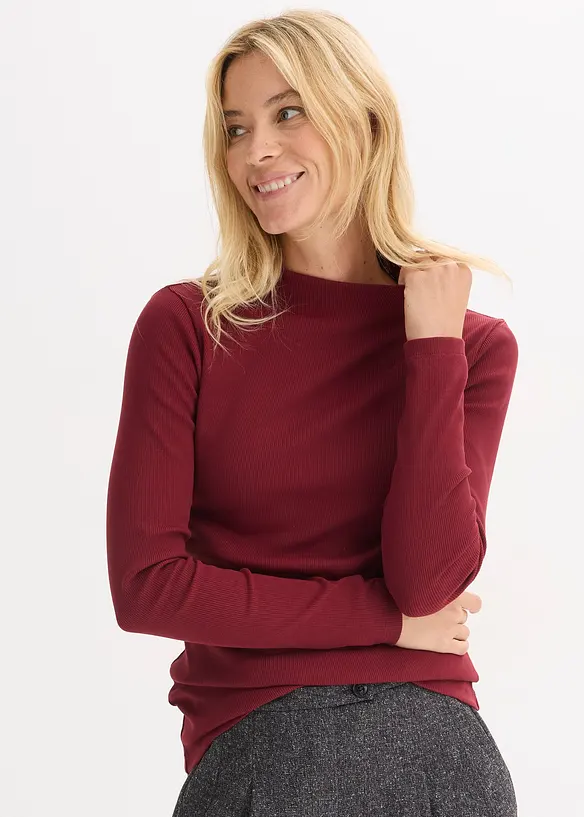 Geripptes Langarmshirt in rot von vorne (im Anschnitt) - bonprix
