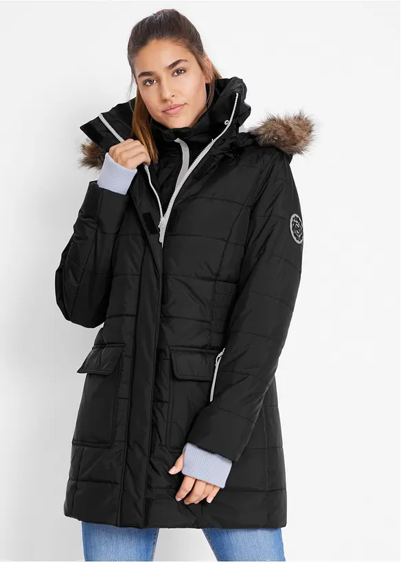 wasserabweisende Funktions-Longjacke in 2-in-1-Optik, gesteppt in schwarz von vorne (im Anschnitt) - bonprix
