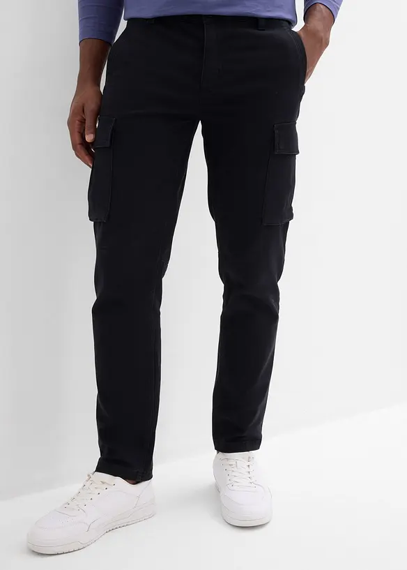 Regular Fit Stretch-Cargohose mit reiner Baumwolle, Straight in schwarz von vorne - bonprix