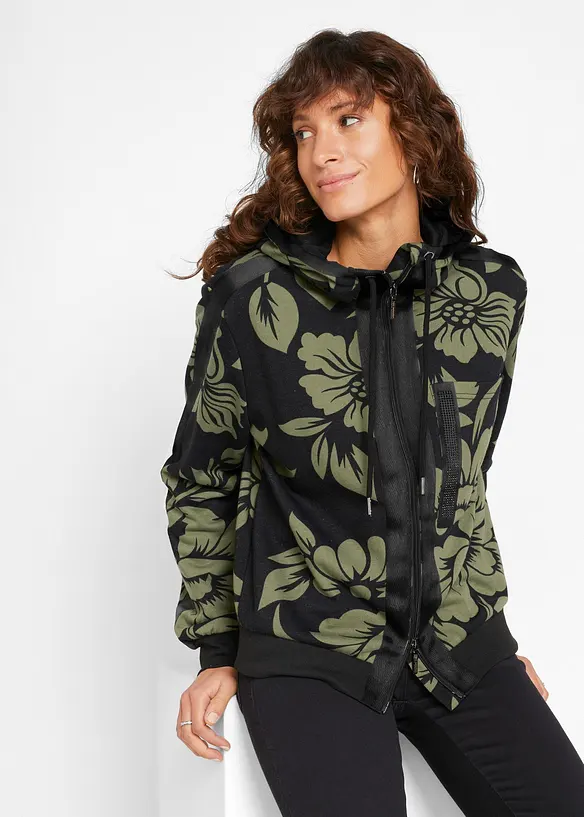 Sweatjacke aus weichem Baumwoll-Mix in schwarz von vorne (im Anschnitt) - bonprix