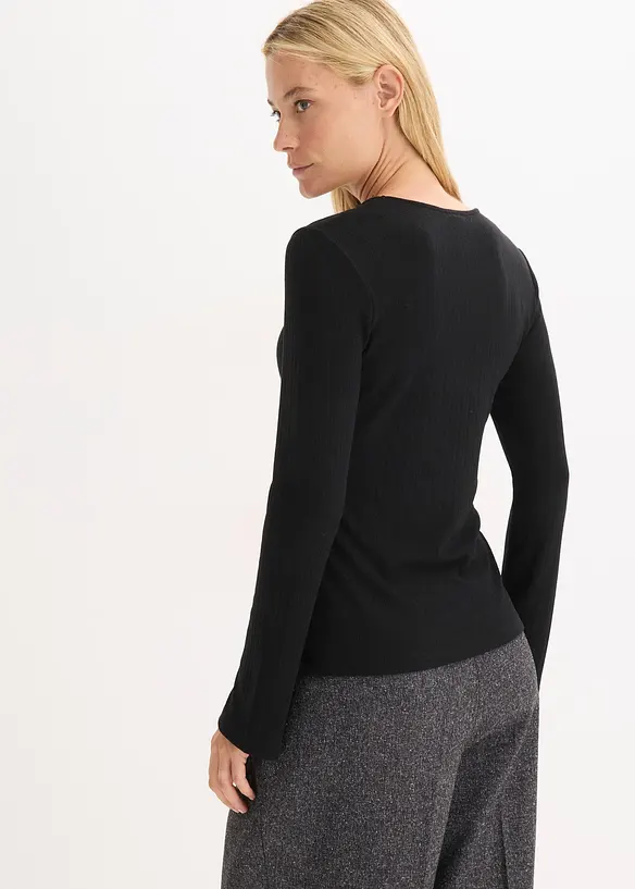 Geripptes Langarmshirt in schwarz von hinten (im Anschnitt) - bonprix Geripptes Langarmshirt in schwarz von hinten (im Anschnitt) - bonprix