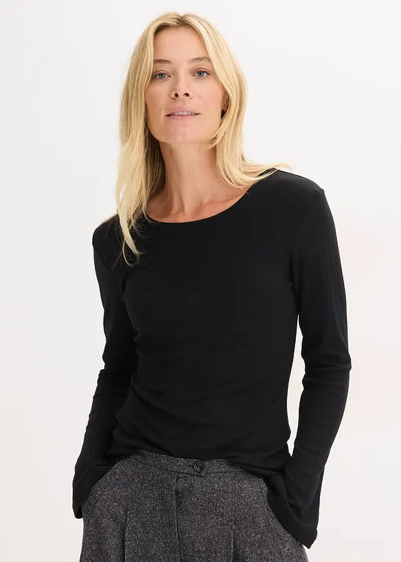 Geripptes Langarmshirt in schwarz von vorne (im Anschnitt) - bonprix Geripptes Langarmshirt in schwarz von vorne (im Anschnitt) - bonprix