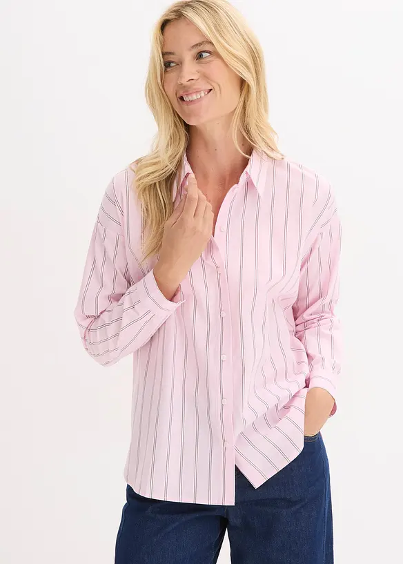 Oversize-Hemdbluse aus reiner Baumwolle in rosa von vorne (im Anschnitt) - bonprix