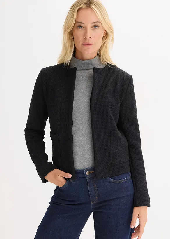 Kurzer Jersey-Blazer in schwarz von vorne (im Anschnitt) - bonprix Kurzer Jersey-Blazer in schwarz von vorne (im Anschnitt) - bonprix
