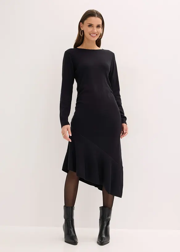 Strickkleid mit asymmetrischem Saum aus Baumwolle und Kaschmir in schwarz von vorne (Totalaufnahme) - bonprix Strickkleid mit asymmetrischem Saum aus Baumwolle und Kaschmir in schwarz von vorne (Totalaufnahme) - bonprix