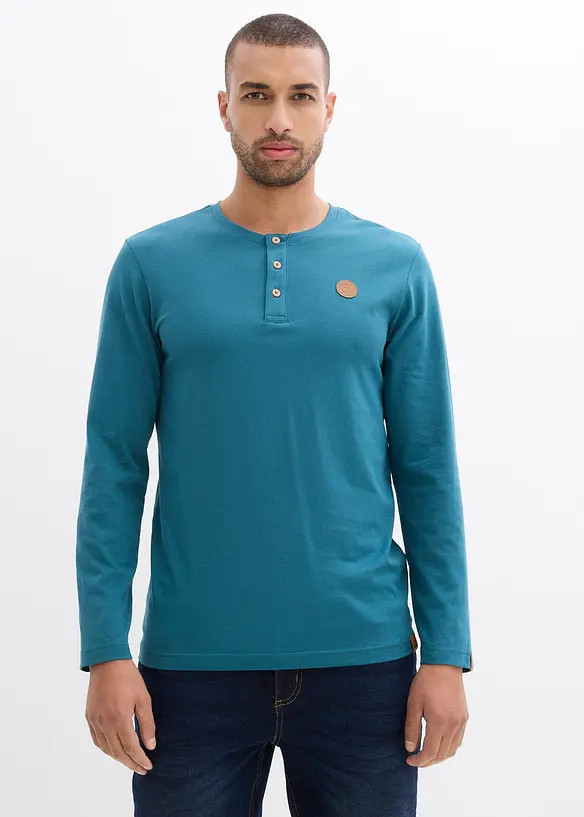 Langarm-Henleyshirt aus reiner Bio-Baumwolle (2er Pack) in petrol von vorne (im Anschnitt) - bonprix