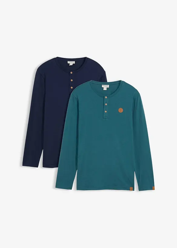 Langarm-Henleyshirt aus reiner Bio-Baumwolle (2er Pack) in petrol von vorne - bonprix