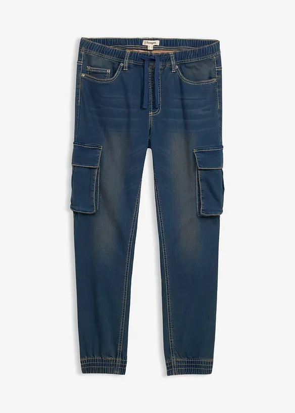 Slim-Fit Cargo-Jeans-Jogger mit Dehnbund, Straight in blau von vorne - bonprix