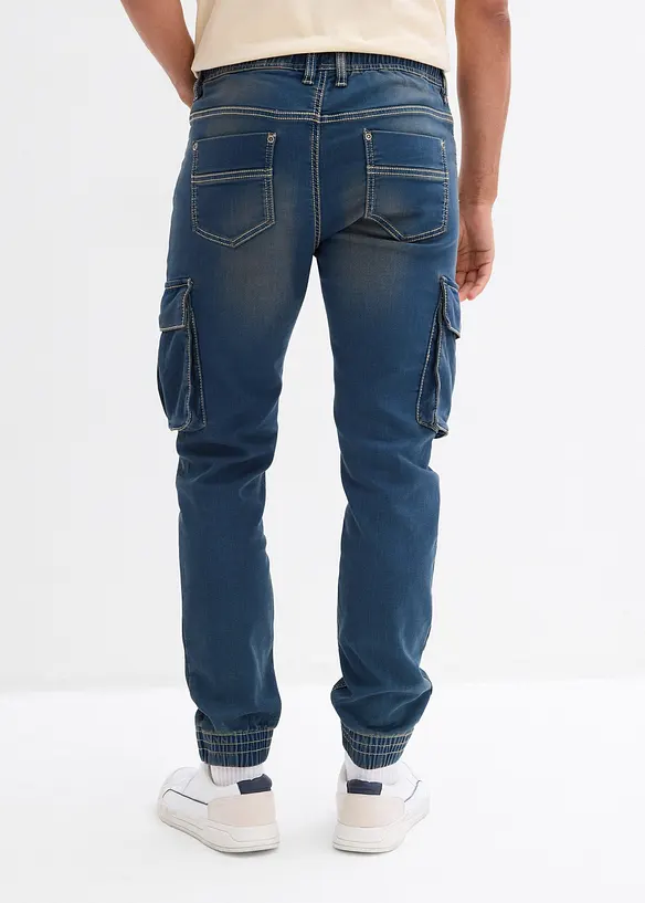 Slim-Fit Cargo-Jeans-Jogger mit Dehnbund, Straight in blau von hinten - bonprix