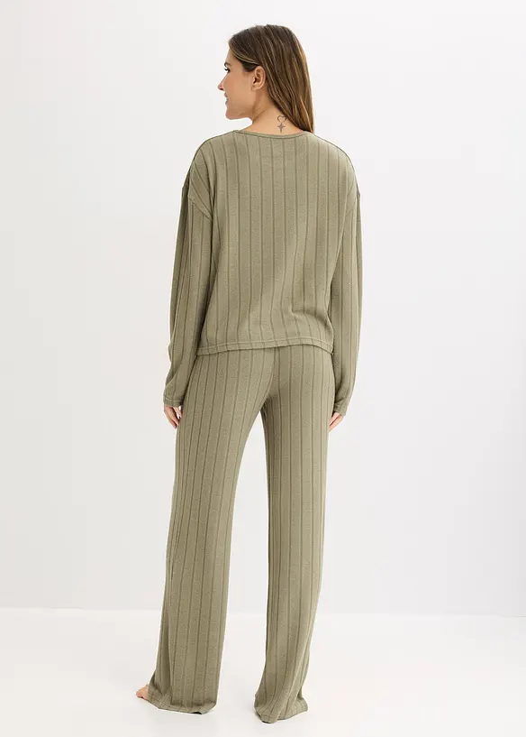 Loungewear Hausanzug aus weicher Rippe in grün von hinten (Totalaufnahme) - bonprix