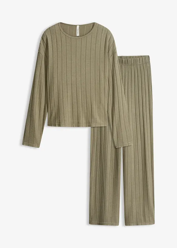 Loungewear Hausanzug aus weicher Rippe in grün von vorne - bonprix