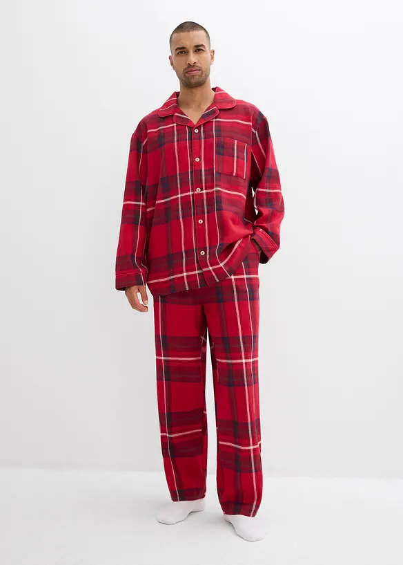 Herren Flanell Pyjama aus weicher Baumwolle mit Geschenkbeutel in rot von vorne (Totalaufnahme) - bonprix