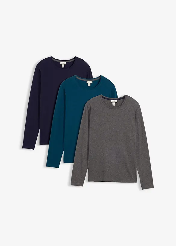 Langarmshirt (3er Pack) in petrol von vorne - bonprix