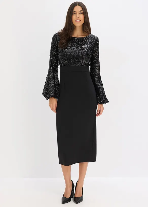 Midikleid mit Pailletten in schwarz von vorne (Totalaufnahme) - bonprix Midikleid mit Pailletten in schwarz von vorne (Totalaufnahme) - bonprix