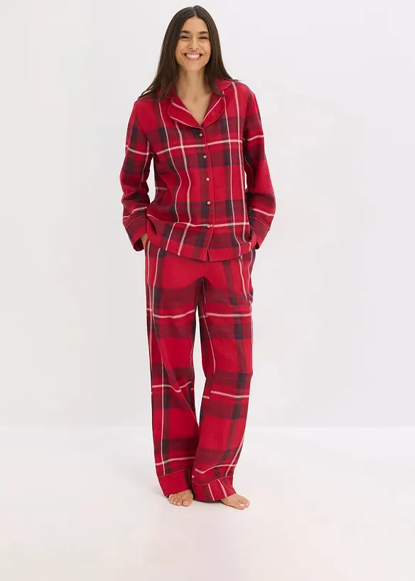 Damen Flanell Pyjama aus weicher Baumwolle mit Geschenktasche in rot von vorne (Totalaufnahme) - bonprix