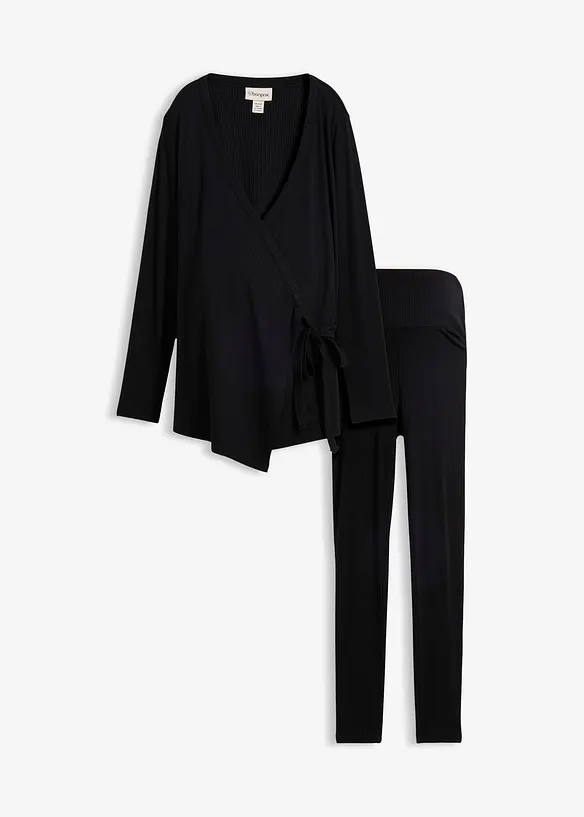 Set aus Umstands-Wickelshirt mit bequemer Leggings (2-tlg.Set) in schwarz von vorne - bonprix