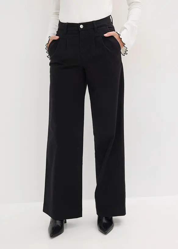Wide-Leg Bundfalten-Hose mit Bequembund in schwarz von vorne - bonprix Wide-Leg Bundfalten-Hose mit Bequembund in schwarz von vorne - bonprix