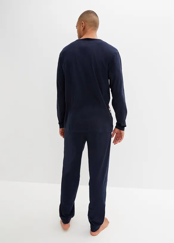 Pyjama aus reiner Baumwolle mit langen Ärmeln in blau von hinten (Totalaufnahme) - bonprix