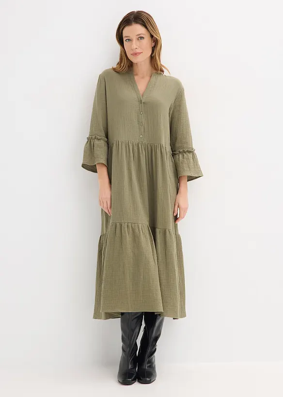 Midikleid aus weichem Musselin in grün von vorne (Totalaufnahme) - bonprix