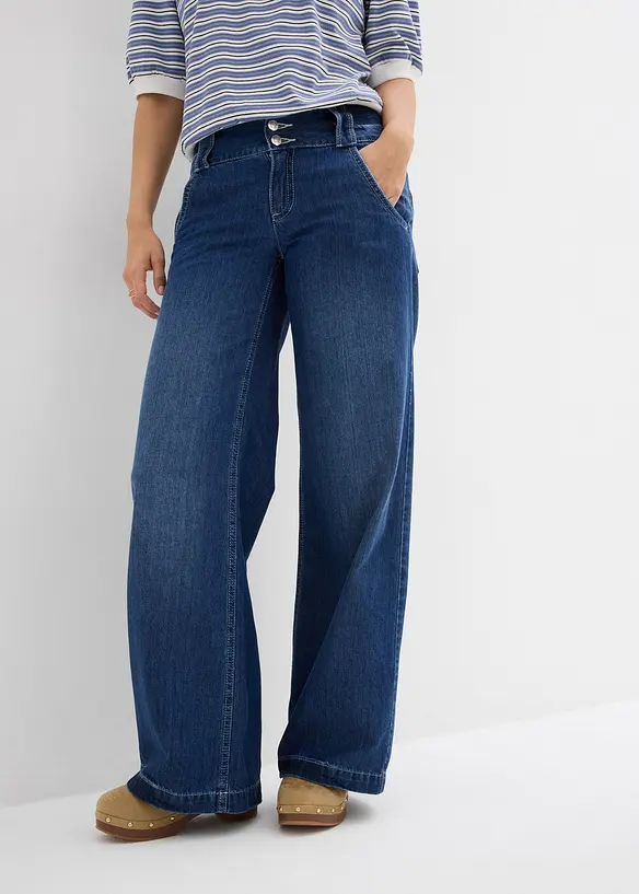 Wide-Leg-Jeans Mid Waist, Super Soft in blau von vorne - bonprix