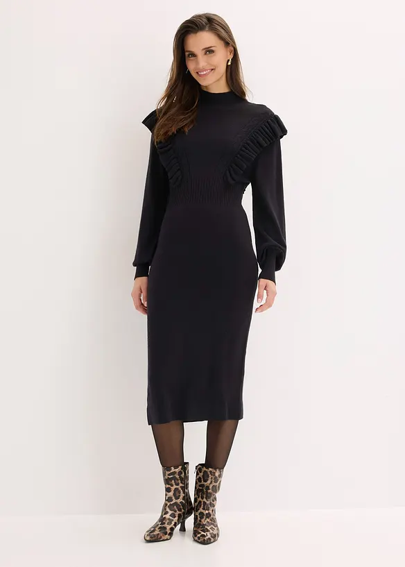 Strickkleid aus Viskose-Mix in schwarz von vorne (Totalaufnahme) - bonprix