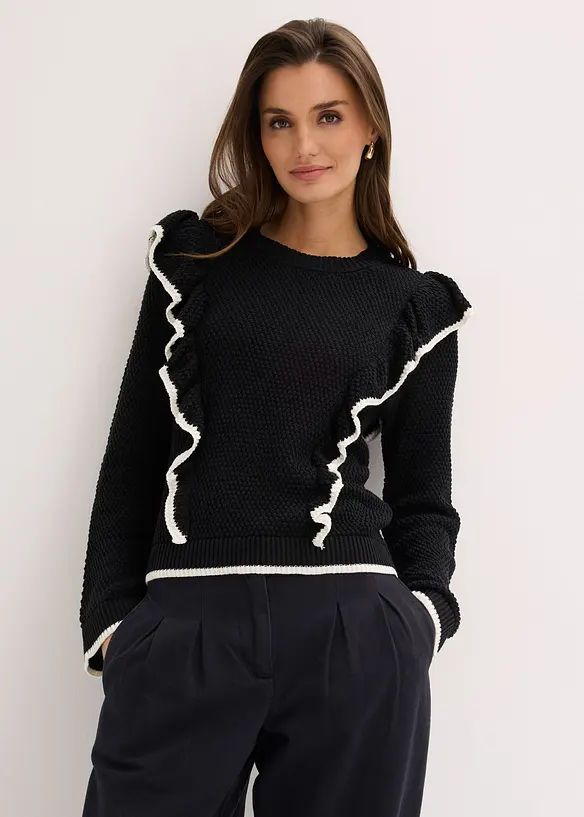 Feinstrickpullover aus Baumwoll-Mix in schwarz von vorne (im Anschnitt) - bonprix Feinstrickpullover aus Baumwoll-Mix in schwarz von vorne (im Anschnitt) - bonprix