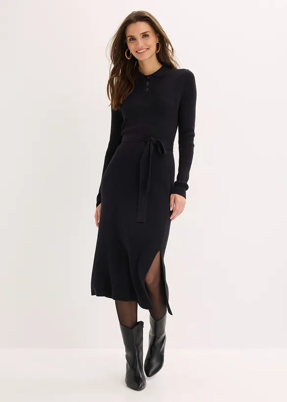 Ripp-Strickkleid aus Viskose-Mix in schwarz von vorne (Totalaufnahme) - bonprix