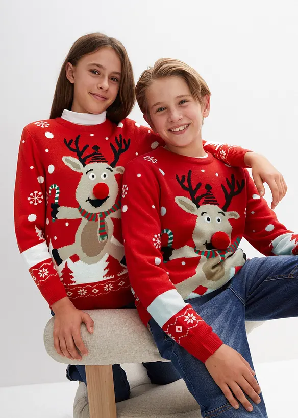 Feinstrickpullover mit Weihnachtsmotiv in rot im Look von vorne (Totalaufnahme) - bonprix