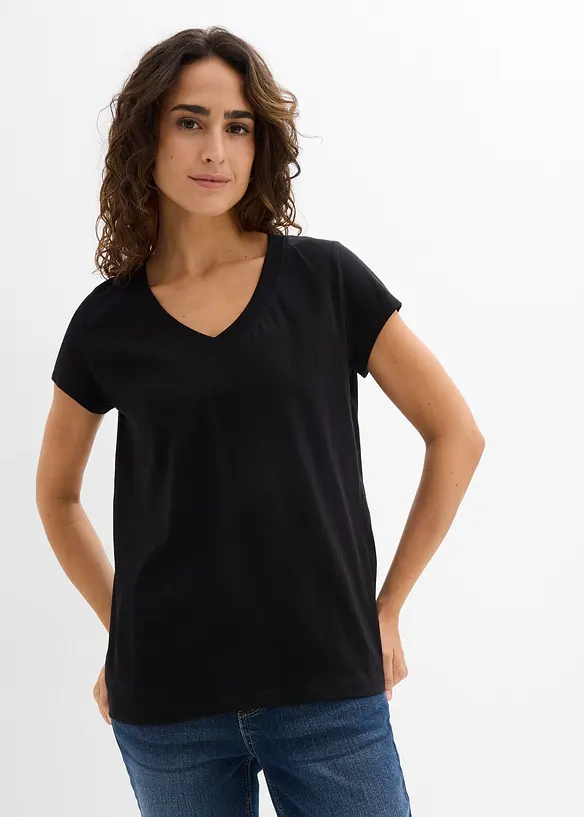 T-Shirt aus reiner Bio-Baumwolle (2er Pack) in schwarz von vorne (im Anschnitt) - bonprix
