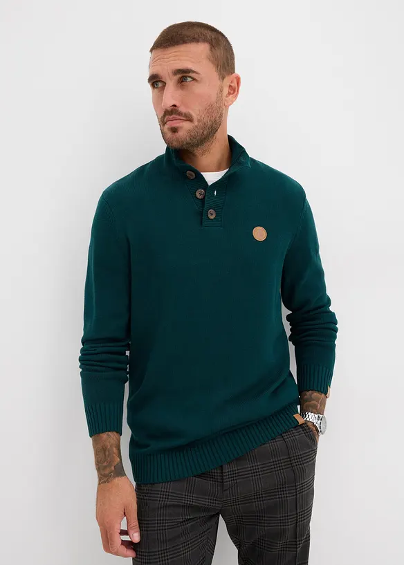 Troyer-Pullover aus weichem Baumwollmix in grün von vorne (im Anschnitt) - bonprix