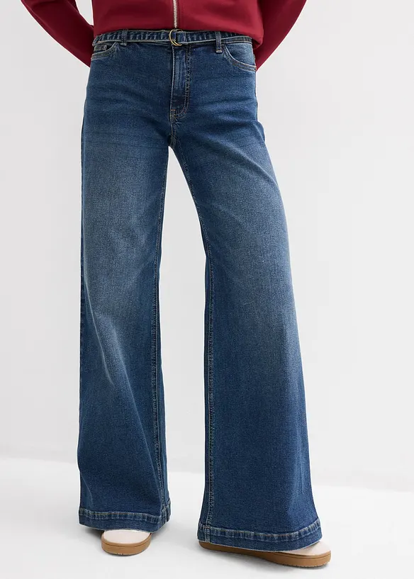 Wide-Leg-Jeans Mid Waist, Full Length in blau von vorne - bonprix