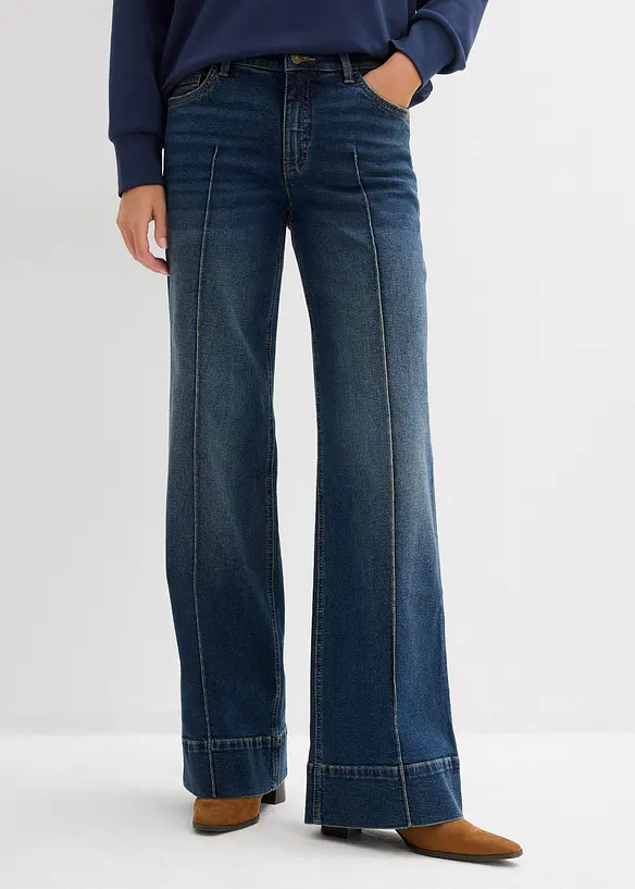 Wide-Leg-Jeans Mid Waist, Full Length in blau von vorne - bonprix