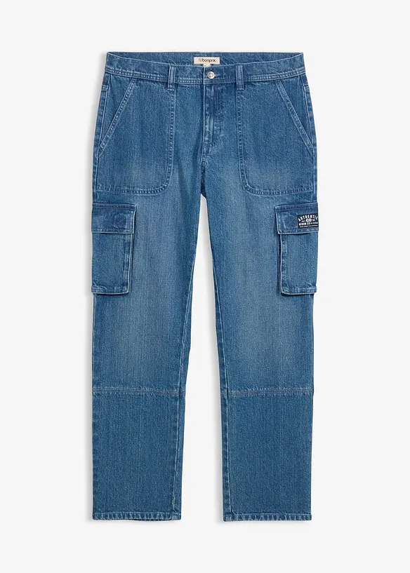 Relaxed-Fit Cargo-Jeans, Straight in blau von vorne - bonprix